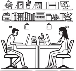 vector illustrations with flat cartoon characters working in office, co-working space or remotely at home, freelance, self-employment. People work at computers and laptops in modern interior.