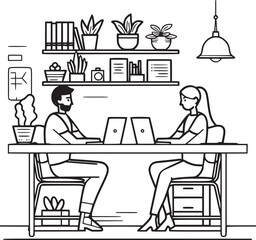 vector illustrations with flat cartoon characters working in office, co-working space or remotely at home, freelance, self-employment. People work at computers and laptops in modern interior.