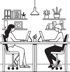 vector illustrations with flat cartoon characters working in office, co-working space or remotely at home, freelance, self-employment. People work at computers and laptops in modern interior.