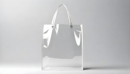 A transparent plastic shopping bag is displayed on a plain grey background, showcasing its simplicity and practicality