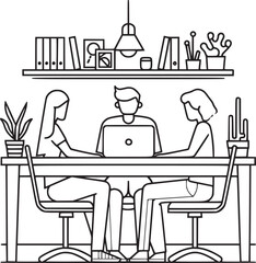 vector illustrations with flat cartoon characters working in office, co-working space or remotely at home, freelance, self-employment. People work at computers and laptops in modern interior.