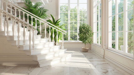 Bright and airy staircase area with large windows, white balusters, and steps lined with natural stone tiles.