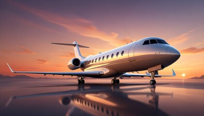Obraz premium A private jet is parked on a runway, with the sun setting in the background, casting a warm glow on the scene