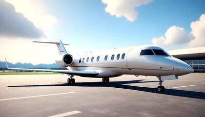 A white private jet is parked on the tarmac with no people around