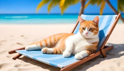A cat perched atop a beach chair, basking in the sun with a relaxed posture