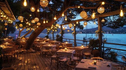 A restaurant with a large tree in the center. There are several tables and chairs set up on a wooden floor.