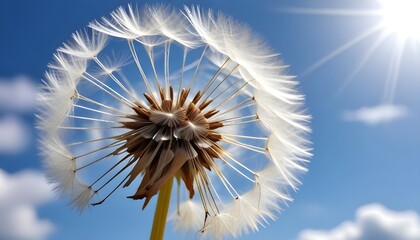A dandelion plant with seeds blowing in the wind under a clear blue sky