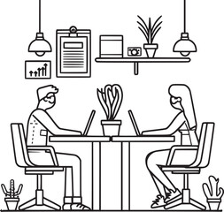 vector illustrations with flat cartoon characters working in office, co-working space or remotely at home, freelance, self-employment. People work at computers and laptops in modern interior.