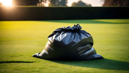 A black garbage bag is lying on a grassy field, creating an eyesore in the otherwise natural landscape