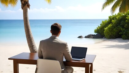 A man is seated at a table on the beach, working on a laptop computer with the ocean in the background