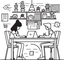 vector illustrations with flat cartoon characters working in office, co-working space or remotely at home, freelance, self-employment. People work at computers and laptops in modern interior.