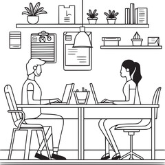 vector illustrations with flat cartoon characters working in office, co-working space or remotely at home, freelance, self-employment. People work at computers and laptops in modern interior.