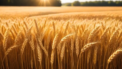 A field of wheat under a clear blue sky, illuminated by the bright sun, showcasing the golden stalks swaying in the gentle breeze