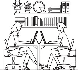 vector illustrations with flat cartoon characters working in office, co-working space or remotely at home, freelance, self-employment. People work at computers and laptops in modern interior.