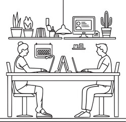 vector illustrations with flat cartoon characters working in office, co-working space or remotely at home, freelance, self-employment. People work at computers and laptops in modern interior.