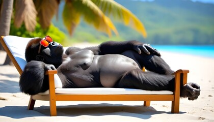 A gorilla relaxes on a beach chair under the sun, enjoying a moment of rest by the ocean