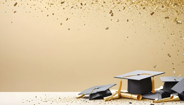 Graduation caps tossed in the air, scattering confetti on a shiny gold background to celebrate academic achievement