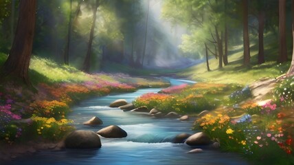 A peaceful stream meandering through a sun-dappled forest, with wildflowers blooming along its banks