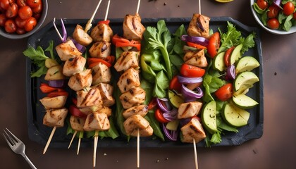 Skewers of grilled chicken paired with colorful vegetables and ripe tomatoes on a plate