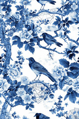 large blue and white chinoiserie toile pattern with ravens, flowers
