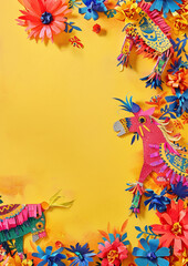 Fototapeta premium Mexican Wedding Invitation Blank Template, Fiesta Design, Pinata Detail, Top Right, Yellow Background