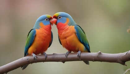 Fototapeta premium Two vibrant birds with colorful plumage are perched on a branch, showcasing their beauty and natural behavior