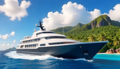 A significant luxury yacht sails gracefully across the vast ocean under the clear sky