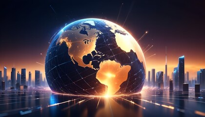 A globe sculpture stands in the midst of a busy city intersection, symbolizing global connectivity and unity