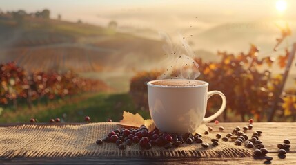 Steamy Coffee Cup at Sunrise