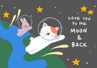 Naklejka premium cute cat and bunny in sky and universe, illustration valentines card.
