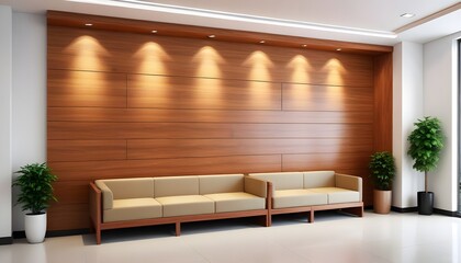 A lobby featuring a wooden wall and several contemporary couches providing seating options for visitors or guests