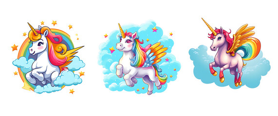 Fototapeta premium Cute unicorn cartoon with rainbow effect on transparent Background. PNG background.