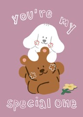 cute teddy bear and bunny with yellow flowers in purple background. Valentine, Love illustration card.