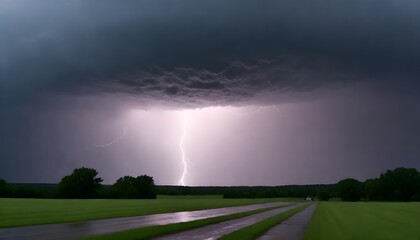 A lightning bolt strikes over a field and road, illuminating the dark sky with its powerful energy