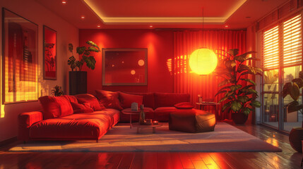 Bright living room design with neon red lighting, large sofa, minimalist decor. Interior design concept.