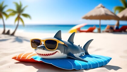 A shark in sunglasses relaxing on a beach float in the ocean