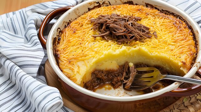 Escondidinho de carne, a baked casserole made with mashed cassava and shredded beef