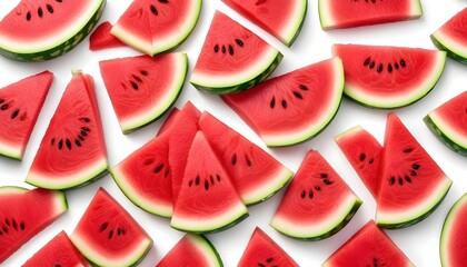 Slices of ripe watermelon arranged on a plain white surface