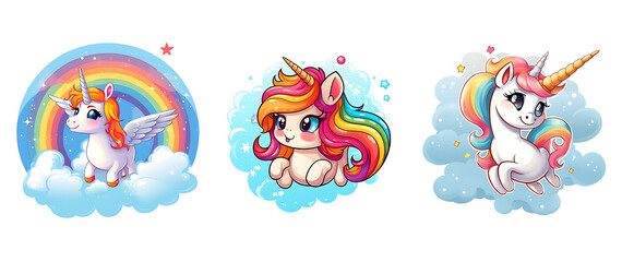Cute unicorn cartoon with rainbow effect on transparent Background. PNG background.
