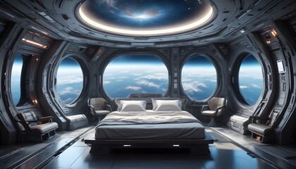 Obraz premium A modern bedroom with large windows showcasing a stunning view of Earth from space