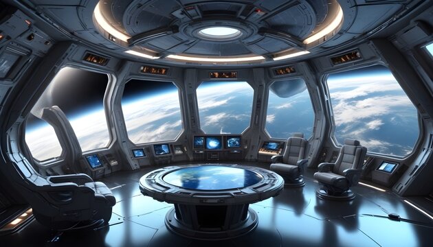 The interior of a spaceship showing the earth through a large window, with various control panels and screens visible