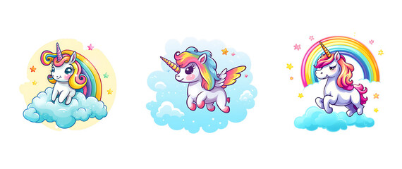 Cute unicorn cartoon with rainbow effect on transparent Background. PNG background.