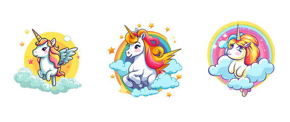 Cute unicorn cartoon with rainbow effect on transparent Background. PNG background.