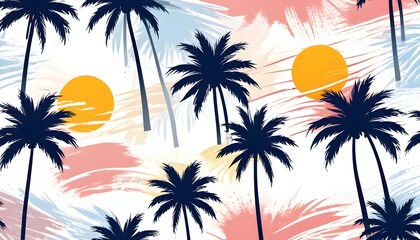 Seamless pattern featuring palm trees and the sun repeated in a design suitable for various applications