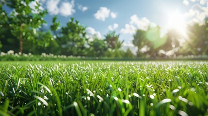 Green grass and blue sky, abstract summer blurred background. Generative AI