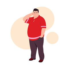 Vector illustration of a chubby man isolated on white background. Cartoon scene of a sad overweight man with a double chin and a big belly, wearing a red t-shirt with pink stripes, and dark pants.