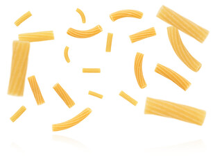 Set of flying uncooked rigatoni pasta isolated on white background with clipping path.