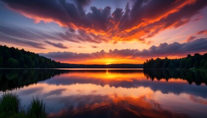 A vibrant sunset casts warm hues over a serene lake, framed by silhouetted trees and fluffy clouds in the sky