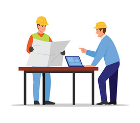 Vector illustration of builders discussing construction plans isolated on white background.Cartoon scene of builders in yellow protective helmets, holding a construction plan,at a table with a laptop.