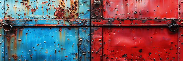Naklejka premium A blue and red metal door with rusted hinges
